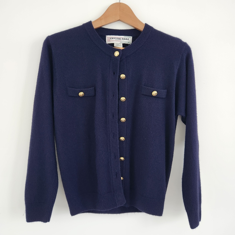 Cryatal Kobe Women's Vintage Navy Cardigan with Gold Buttons, Size Small